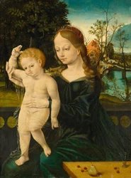 Madonna mit Kind vor einer Flusslandschaft